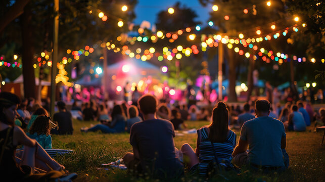 A vibrant scene unfolds as people gather outdoors in a park, enjoying a summer evening concert