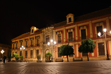 Archbishop's Palace in night time in Seville, Spain