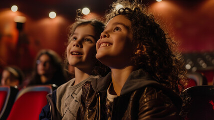 A woman and a child sit together in a dimly lit theater, their faces illuminated by the stage lights as they watch a performance