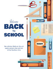 back to school flyer. frame for text on the left. On the right on a blue background are school supplies, books, textbooks, notepad, pencil, sticker, scissors, markers, sheet of paper