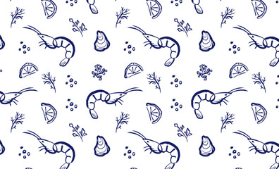 Obraz premium Shrimp hand drawn seamless pattern. Seafood naive art. Shrimp with lemon and herbs. Ocean and sea delicacy.&nbsp;Blue outline illustration. Mediterranean food.