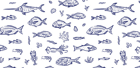 Ocean life pattern. Fish, lobster, shrimp and squid hand drawn illustration. Blue seafood elements. Design for branding, restaurant and menu. Ocean and sea delicacy. 