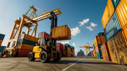 Industrial forklift handling shipping containers in a bright, colorful port, realistic style, crisp details, clear sky