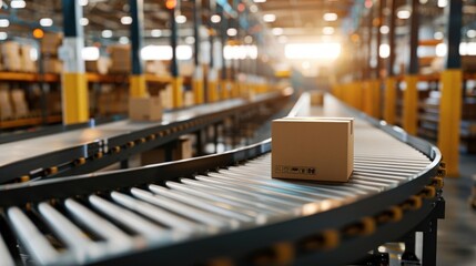 A conveyor belt in a warehouse with boxes moving along, realistic style, high detail, soft focus background