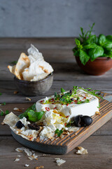 A piece of fresh feta cheese (paneer) with olives, herbs, spices and slices of flatbread (tortilla, lavash, pitta, chapatti) on a wooden board and a dark background. Greek cuisine dish, healthy food.