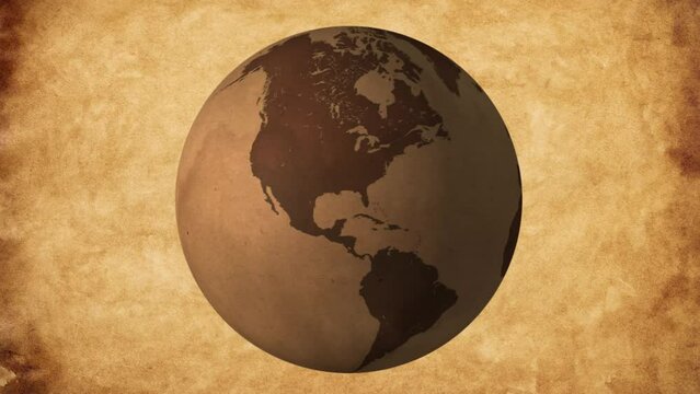 vintage map of the ancient world on the rotating globe stars in old paper map graphic animation 4k
