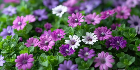 Fototapeta premium Vibrant Pansy Field with Purple and White Flower Blooms