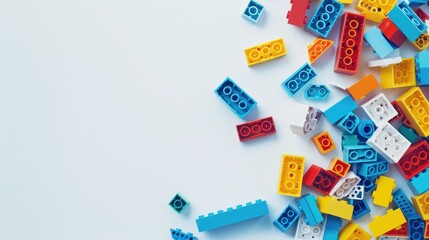 Obraz premium White background with scattered colorful bricks, providing space for text and showcasing variety in shapes and sizes.