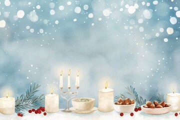Serene Winter Holiday Table Setting with Snow Background and Candlelight