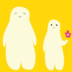 Two cute funny monster bears. Bear with a flower. Holiday card, cute characters