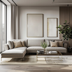Contemporary Living Room with Beige Sectional Sofa and Mockup Frames, 3D Render, 4K