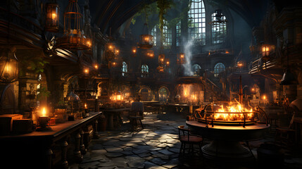 An abandoned medieval alchemist's laboratory with various potion bottles, glowing ingredients, and a large fire pit in the center. 