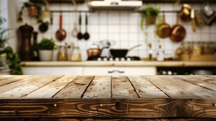 Wooden tabletop against a softly blurred kitchen backdrop, perfect for product placement or showcasing food items in a cozy setting