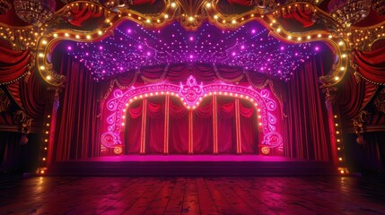 Empty circus stage is bathed in purple and gold light, creating a magical and enchanting atmosphere. The ornate details and vibrant colors create a sense of excitement and anticipation