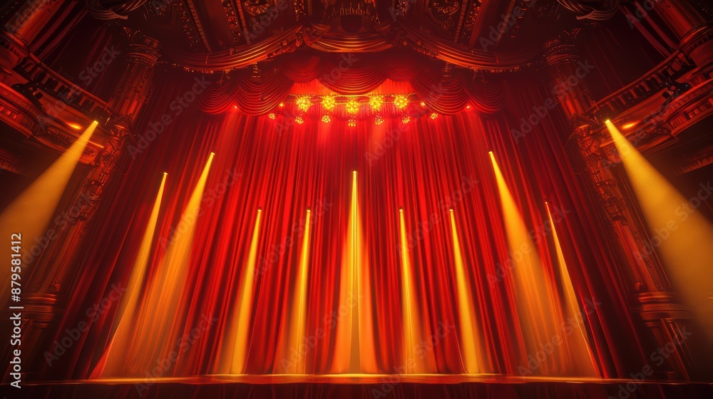 Poster spotlights illuminating a red stage curtain in an empty theater, creating a dramatic atmosphere of a