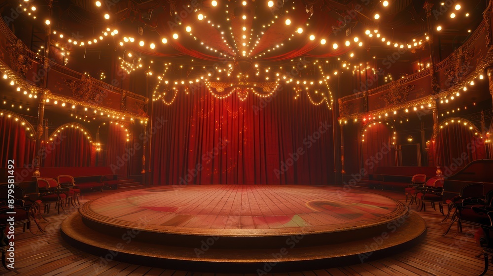 Poster view of an empty circus stage illuminated by strings of lights with a red curtain in the background.