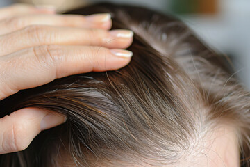 Fototapeta premium In a close-up shot, a person gently touches their thinning hairline, highlighting concerns about hair loss or a receding hairline