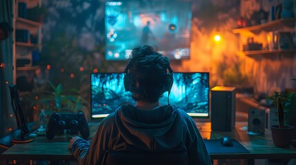 Obraz premium Gamer immersed in a video game at a home setup, perfect for gaming blogs, tech content, and entertainment themes. Intense, focused atmosphere