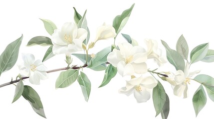Obraz premium Watercolor Illustration of White Flowers and Green Leaves