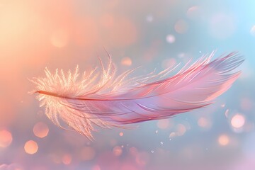 Naklejka premium Delicate pink feather floating against a pastel background, perfect for inspirational designs, beauty content, and creative projects. Soft, dreamy atmosphere.