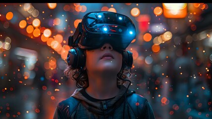 Child wearing a virtual reality headset immersed in a futuristic digital world, perfect for themes of technology, innovation, and virtual reality.