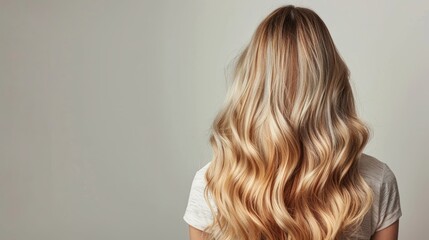 Naklejka premium Back view of woman with long wavy blonde hair in a white shirt