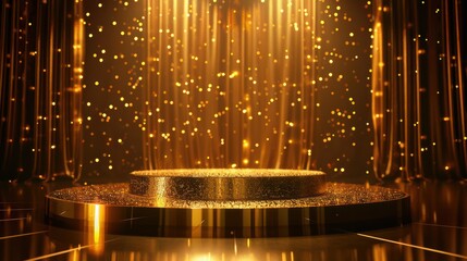 Luxurious golden podium stage with falling glitter and shimmering curtains, perfect for showcasing products in a stylish and modern way for business marketing and product launches