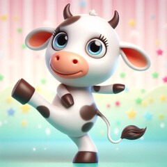 Naklejka premium 3D cute clumsy cow cartoon. Agriculture and farm animals illustration for children cards or books