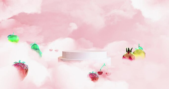 Beautiful animated background with sweet pink clouds and levitated digital fruits with gloss texture. With podium in the middle of frame.