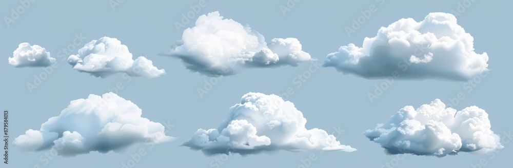 Poster on a transparent background, a realistic set of isolated clouds can be seen.
