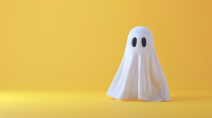 In this delightful 3D illustration mockup and rendering, a friendly ghost, wearing a white sheet, stands in a charming scene against an isolated yellow background