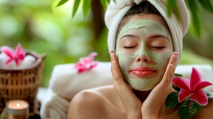 Woman with a green facial mask enjoying a face massage in a spa setting with flowers and towels - Powered by Adobe