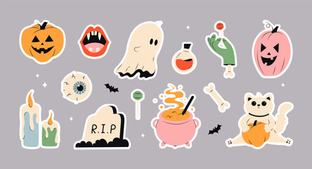 Happy Halloween set of elements, ghost, pumpkin, hat, candle, eye, grave and cat. Childish print for stickers, greeting card and decoration. Vector is cute illustration in hand drawn style. 