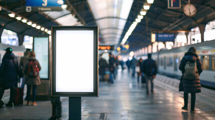 Mockup. Lightbox vertical billboard with blank digital screen on a train station. white blank poster advertisement Public information boards stand at stations in front of people and trains