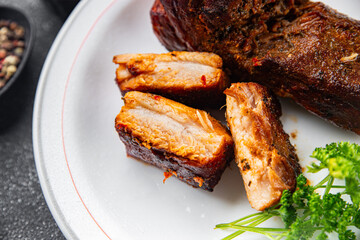 ribs pork meat grilled fried barbecue tasty fresh food snack on the table copy space food background rustic top view