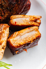 ribs pork meat grilled fried barbecue tasty fresh food snack on the table copy space food background rustic top view