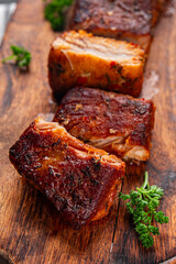 ribs pork meat grilled fried barbecue tasty fresh food snack on the table copy space food background rustic top view