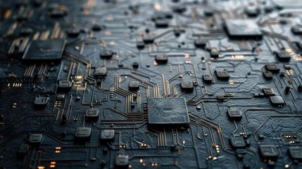 A close up of a computer chip with a lot of small squares. The image has a futuristic feel to it