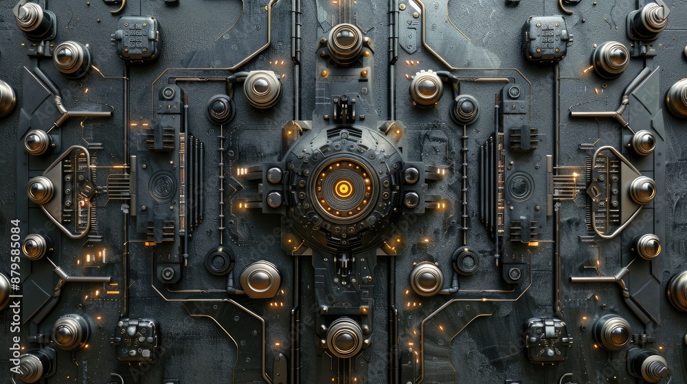Poster a futuristic looking machine with many small lights and buttons. the machine is made of metal and ha