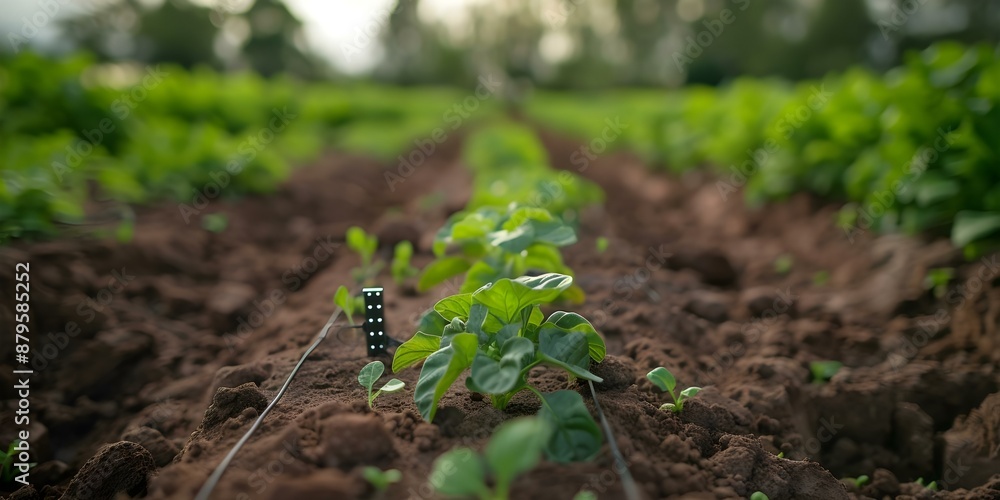 Poster field sensors monitor soil conditions like moisture temperature and humidity for smart agriculture. 