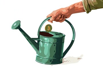  a hand holding a watering can with a dollar coin 