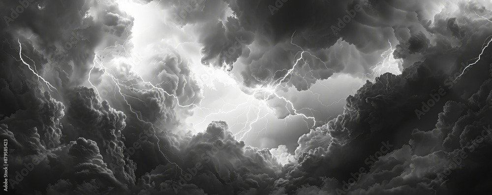 Poster clouds with lightning isolated on transparent background - stock photo