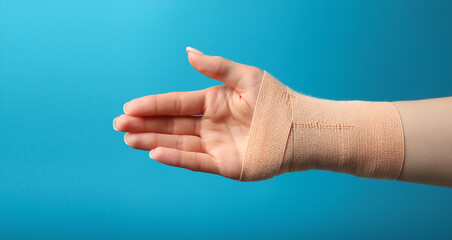 A woman's hand wrapped in a bandage. Injury, wound or burn. 