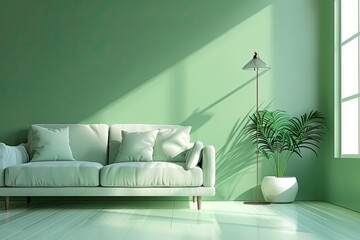 A living room with a green wall and a white couch. The couch is covered with pillows and a potted plant is placed in front of it