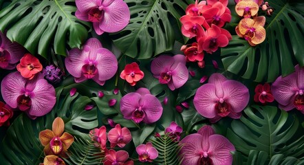 Fototapeta premium Vibrant Bloom of Purple Orchids, Potted Plants, Tropical Setting