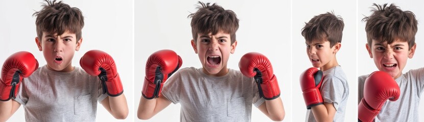 The set of boys with boxing gloves is isolated on a transparent background.