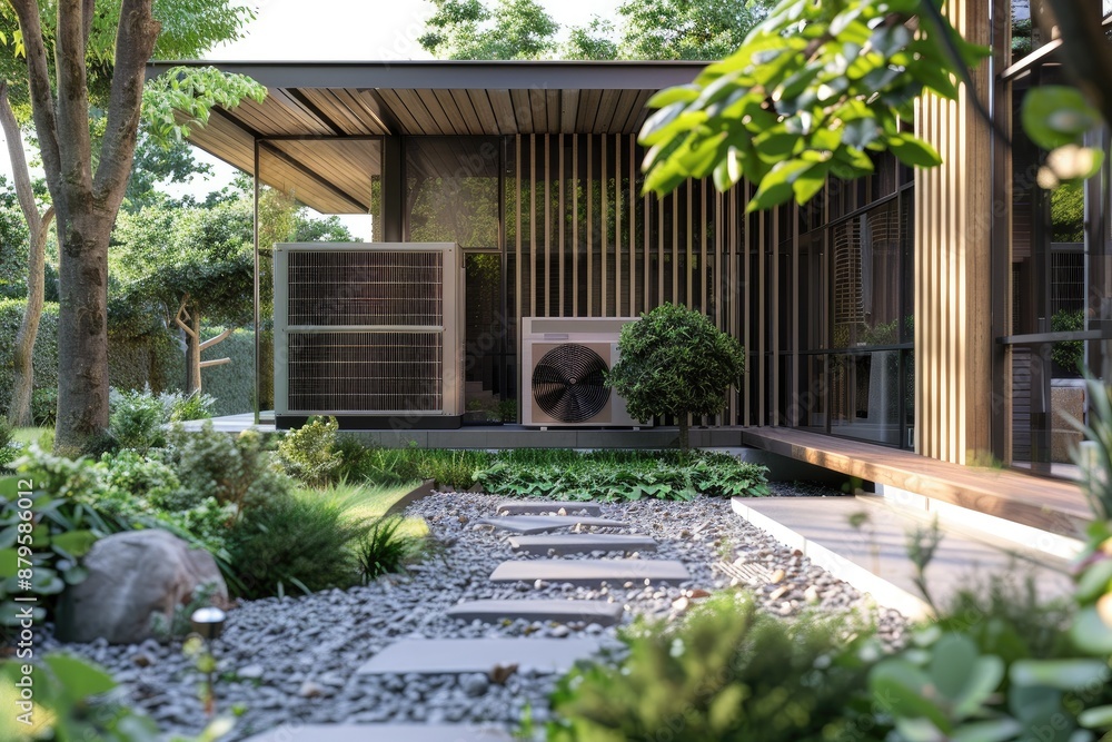 Poster a house with a large tree in front of it. the house has a large window and a patio