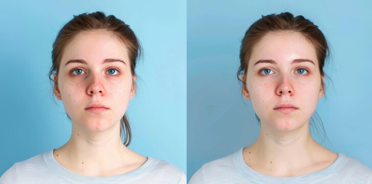 An example of a woman with a jawline surgery, submental liposuction, and buccal fat removal for a plastic surgery promotion.