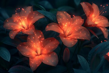 Enchanting Nighttime Flower Garden Illuminated by Fireflies