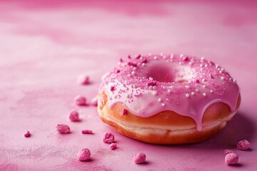 Pink frosted donut with sprinkles on a pink background